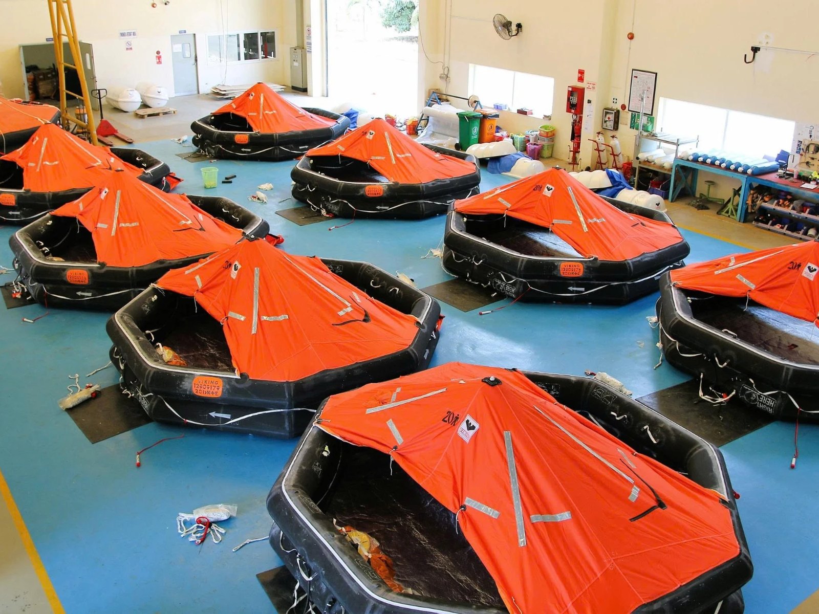Liferafts inflated for annual servicing at the Mermaid workshop
