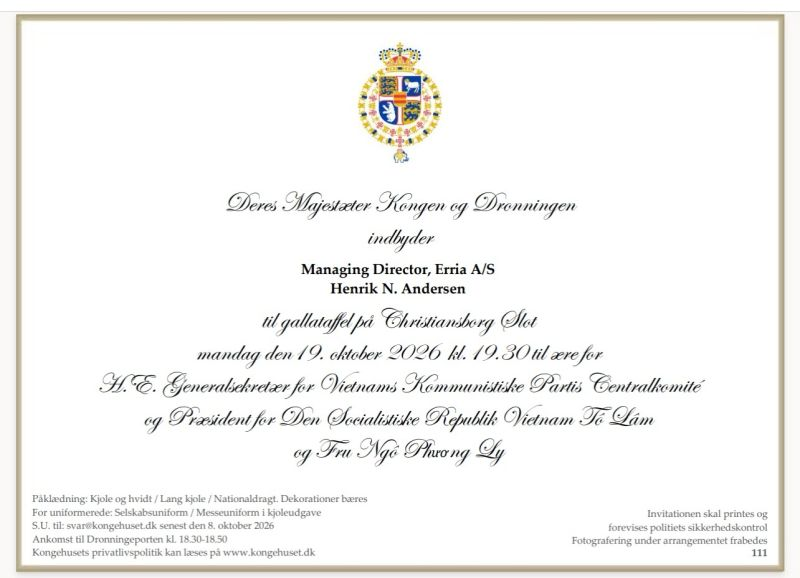 Royal invitation to the State Banquet at Christiansborg Palace on 19 October 2026
